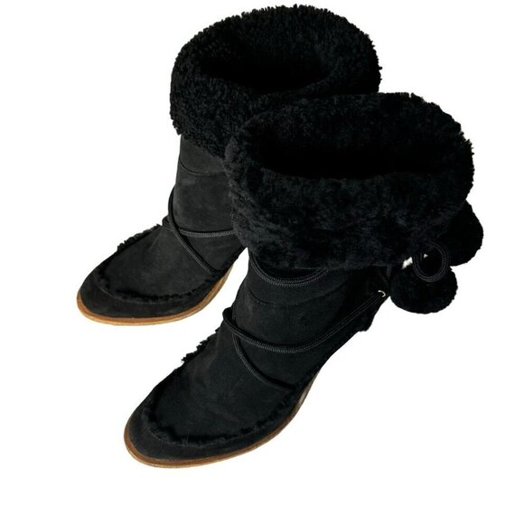 DIOR Boots Sz.9.5 Black Suede Shearling High Heel Pom Pom Drawstrings Fur Trim - Picture 4 of 16